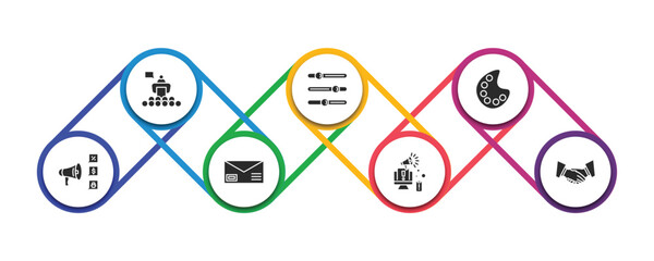 Poster - social media marketing filled icons with infographic template. glyph icons such as conference, options, color, promotion, letter with stamp, digital marketing, partner vector.