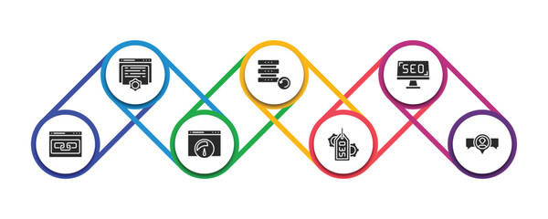 Poster - search engine optimization filled icons with infographic template. glyph icons such as content, backup, screen, link, speed, tags, viral marketing vector.