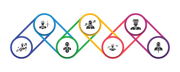 Poster - professions filled icons with infographic template. glyph icons such as wind turbine technician, singer, taxi driver, musician, financial manager, miner, journalist vector.