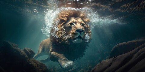 The lion dived underwater and swam, AI generation.