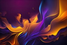 Abstract Flud Wavy Flow With Swirls Purple And Orange Colored. Liquid Motion, Gas Or Smoke Mysterious Dark Background. Fiery Purple Orange Flames Explosion