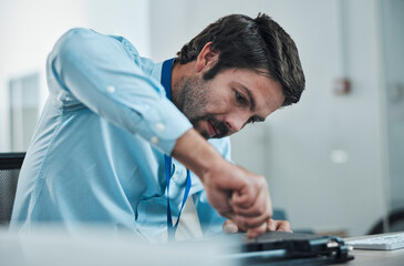 Poster - Laptop, service and screwdriver with an engineer or handyman fixing hardware in an IT office. Computer, information technology and maintenance with a male repair professional at work on electronics