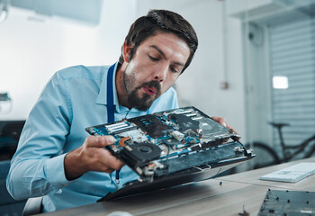 Leinwandbilder - Information technology, laptop circuit repair and man blow hardware dust, electronics or semiconductor. CPU system maintenance, service industry and IT worker fixing motherboard microchip in tech lab