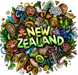 Wall Mural - New Zealand detailed lettering cartoon illustration
