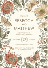 Butterflies Peacock Moth Insect Fly Greeting Invitation Card Wedding Beautiful Frame Label Set Flowers Poppy Poppies Realistic Engraving Drawing Freehand Wreath. Vector Victorian Style Illustration   