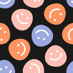 Wall Mural - Colorful happy face seamless pattern with black background