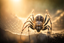 A Close Up Of A Spider On Its Web In The Morning Sun - Generative AI