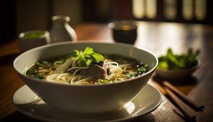 Pho - a Vietnamese noodle soup made with broth, rice noodles, herbs, and meat

