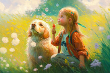 A Young Girl Blowing Bubbles In A Grassy Meadow And Her Dog Nearby, Illustration - Generative AI