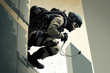 A SWAT team member rappelling down the side of a building during a training exercise, illustration - Generative AI