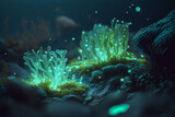 Underwater Bioluminescent plants. Marine landscape. Digital painting. Generative Ai.