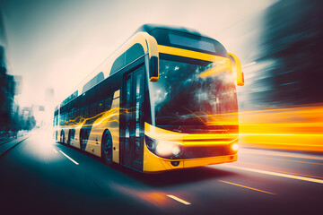 Wall Mural - Stylish bus rushes along the road in the city with the effect of speed and movement at sunset. Generative AI