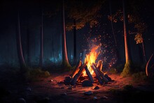 Campfire In The Dark Forest. Camping And Leisure Hobbies Activities Concept. Generative AI