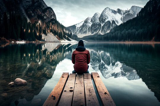 man sitting on the pier by the lake, mountains in the background made with generative ai
