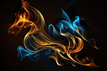 Wall Mural - Abstract flud wavy flow with swirls purple and orange colored. Liquid motion, gas or smoke mysterious background. Fiery purple orange flames explosion