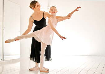 Poster - Learning dance, ballet class and teacher with child student in studio for dancing, art and coaching. Girl with woman ballerina coach or dancer to learn balance for academy performance with mockup