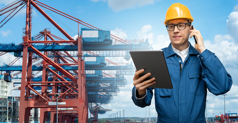 Poster - Port manager with digital tablet and phone on a background of a ship loaded with containers in the seaport	
