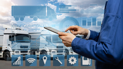 Poster - Manager with a digital tablet next to trucks. Fleet management	