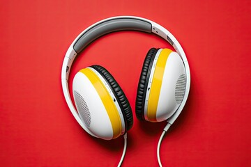 Poster - Headphones in white and yellow. White headphones on a colorful background, Serbia. Generative AI