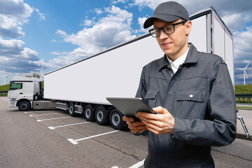 Sticker - Manager with a digital tablet next to trucks. Fleet management	