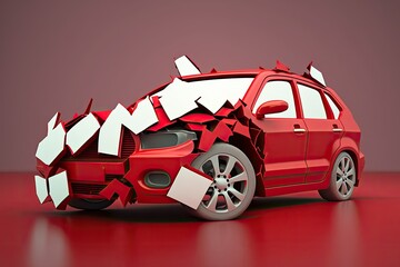 Canvas Print - Car wrecked in traffic collision on city street. Car front headlight shattered, hood dented, no bumper present due to accident. A combination of health and life insurance for your vehicle. Extensive O