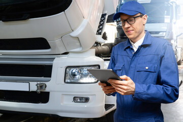 Sticker - Serviceman with digital tablet on the background of the truck in the garage	