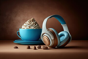 Poster - cappuccino, light emitting wireless headphones, and a neutral colored background. generative ai