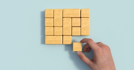 Poster - Business process management and automation concept with person moving wooden pieces on flowchart diagram. Workflow implementation to improve productivity and efficiency. Management and organization