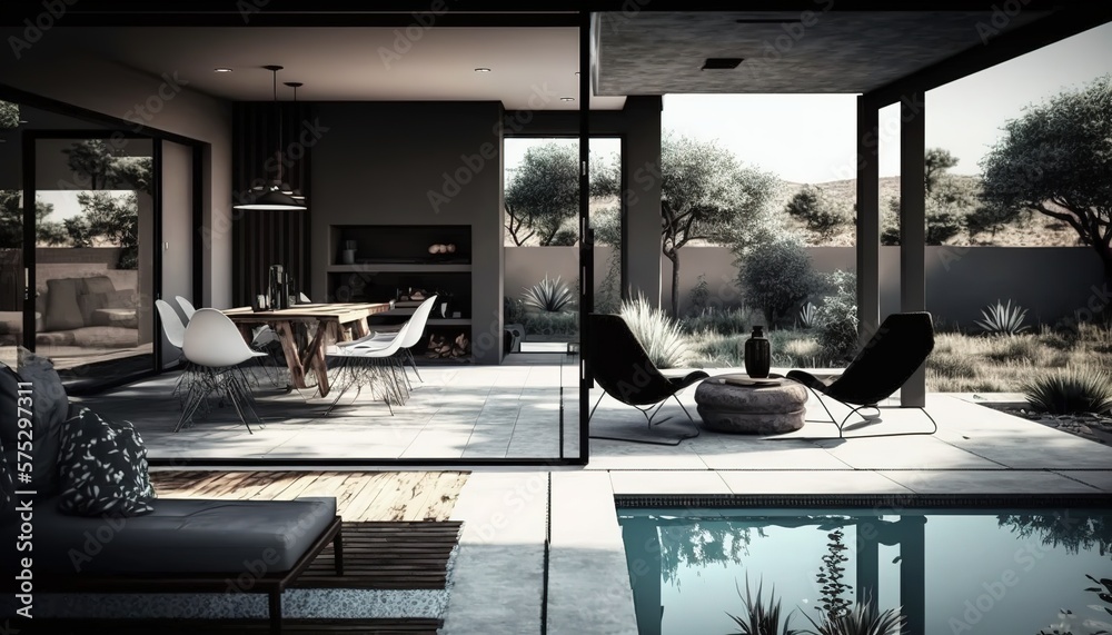 luxury interior of a modern house with large windows and stylish ...