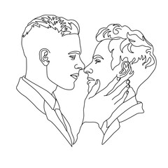 stylized pair portrait of two boys in a minimalist style, the silhouette of male faces drawn in one continuous line, lovers of a gay, couple of friends