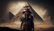 scary pharaoh standing in front of the pyramids. Generative AI