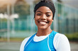 Portrait, black girl with netball and sport with smile, fitness and training for game outdoor, happy teen and ready. Exercise, athlete and African female and face, healthy and active lifestyle