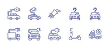 Electric Line Icon Set. Editable Stroke. Vector Illustration. Containing Electric Car, Plug, Electric Vehicle, Electric Scooter, Truck