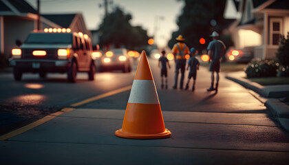 Wall Mural - A big orange cone on the sidewalk. On the right side, trees, and buildings.