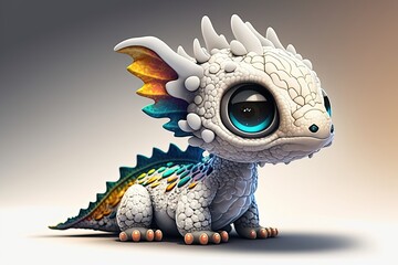 Poster - There's a cute little dragon here. Vividly colored and computer generated to resemble contemporary animation. Chibi dragon hatchling in its native environment, all realistic scales and big eyes