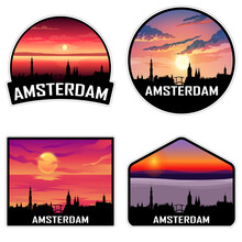 Amsterdam Netherlands Skyline Silhouette Retro Vintage Sunset Amsterdam Lover Travel Souvenir Sticker Vector Illustration SVG EPS AI