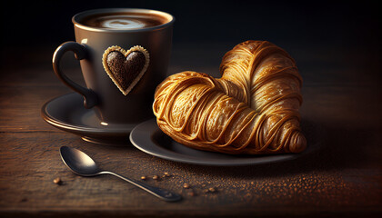 Wall Mural - cappuccino art in a cup with pastry croissant. AI generated