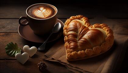 Wall Mural - cappuccino art in a cup with pastry croissant. AI generated