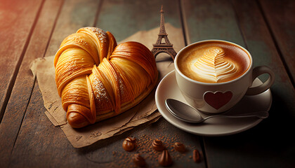 Wall Mural - cappuccino art in a cup with pastry croissant and eiffel tower .Traditional food of Paris France. AI generated