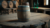 Fototapeta  - Wooden barrel with tap and worn old table of wood.