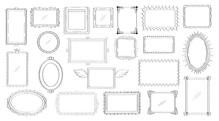frames, mirror set in hand drawn style. vintage image frame doodle labels. blank black square rectan