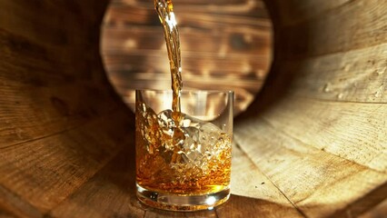Poster - Super slow motion of pouring whisky into glass. Placed in old wooden keg. Filmed on high speed cinema camera, 1000fps. Speed ramp effect.