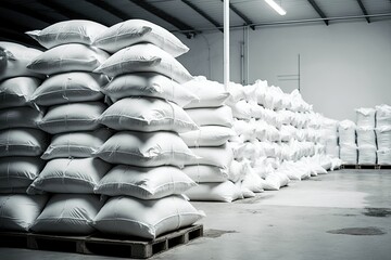 Poster - Labor force overload Bags in white sacks stacked in rows at a vast warehouse in a contemporary manufacturing facility. Storage or production facility packaging. Generative AI