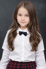 little caucasian girl stans near blackboard in elementary school. generative ai