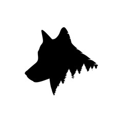 Wall Mural - Black profile of a wolf's head against a forest background