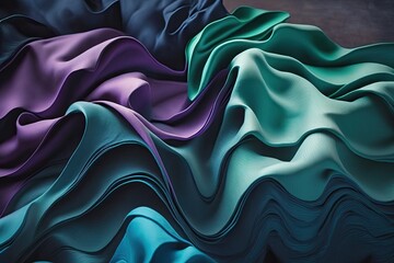 Poster - Fashionable wallpaper featuring a ruffled textile on a wavy background in violet and blue. Generative AI