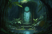 Ancient Water Fountain Architecture Hidden In The Forest. Generative Ai