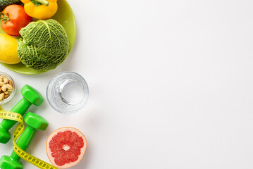 Wall Mural - Slimming concept. Top view photo of tape measure dumbbells plate with vegetables fruits nuts and glass of water on isolated white background with copyspace