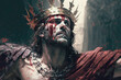 Jesus Christ bleeding with crown of thorns on his head during his crucifixion. Religious spiritual illustration capturing the essence of Christian spirituality, faith, and devotion. Generative AI.