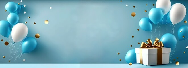 Holiday celebration background with blue sky Gold balloons banner , copy space for text by ai generative